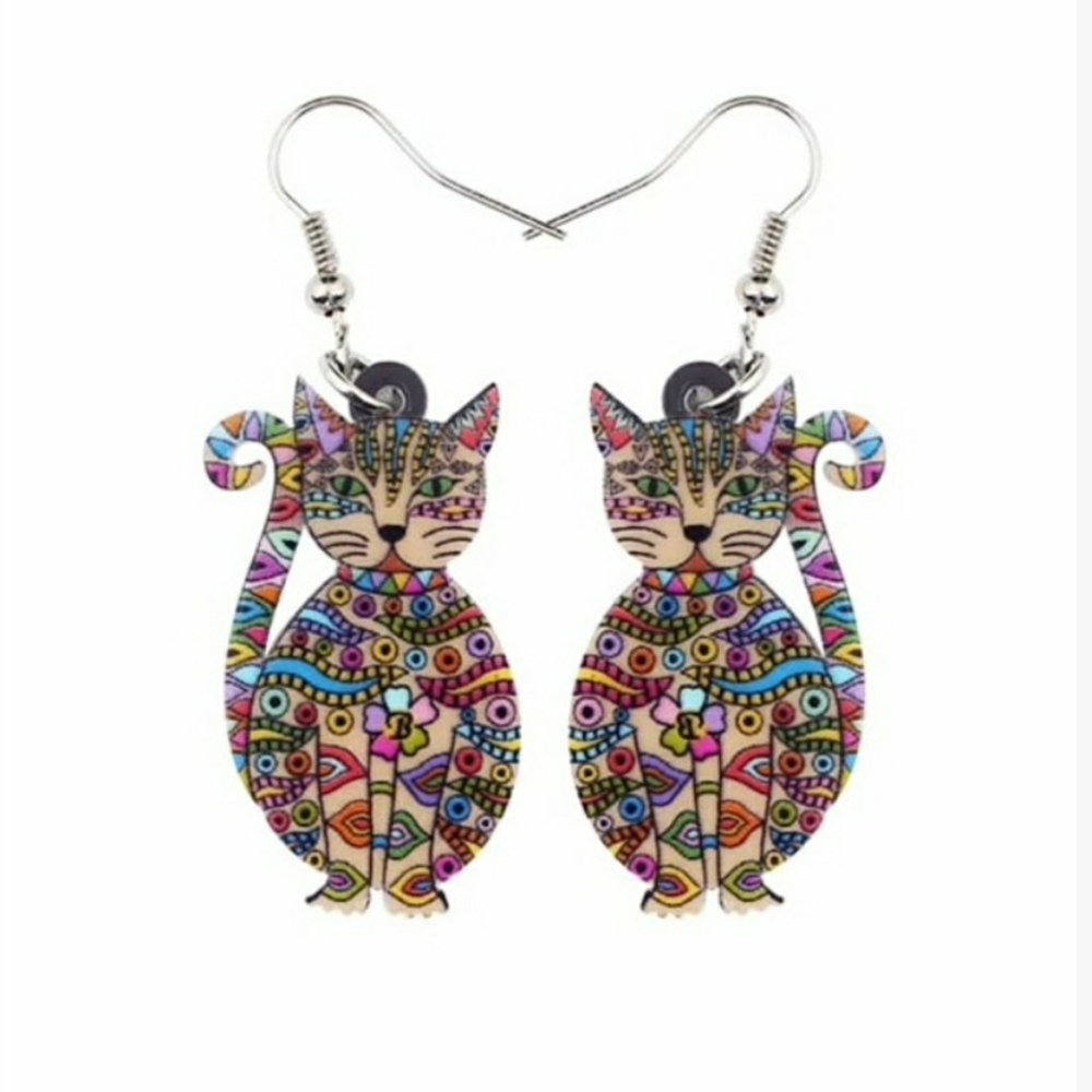 🆕Colourful Resin Mosaic Cat Drop Earrings